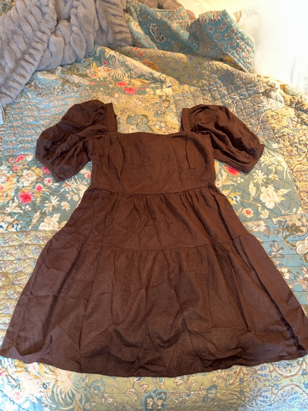 Chocolate Brown Puff-Sleeve Tiered Square-Neck Dress Mini Dress
